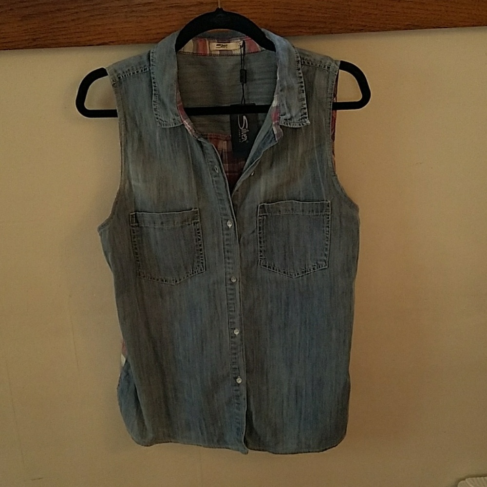 Silver Jeans brand denim vest with fabric back